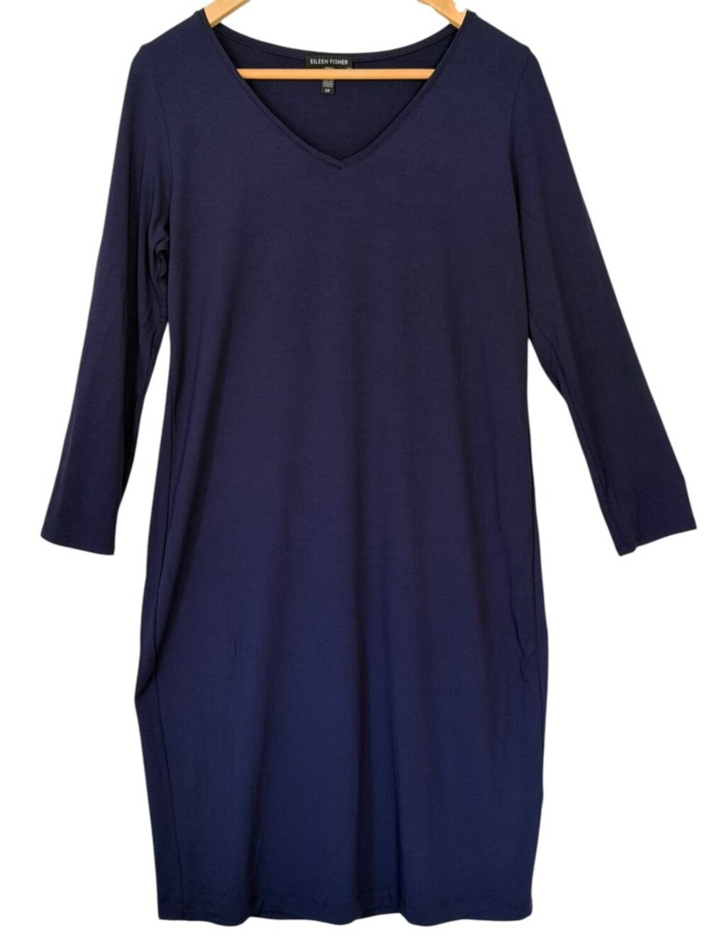 Eileen Fisher Viscose Jersey V-Neck 3/4 Sleeve Shift Dress USA Navy Blue S/P
